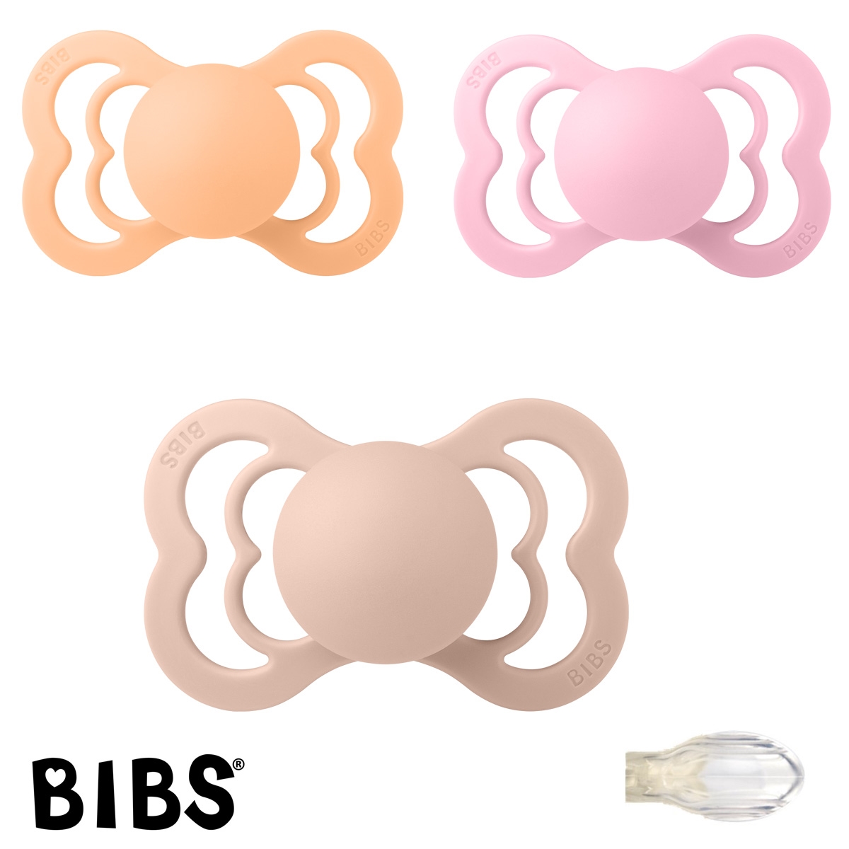 BIBS Supreme Sutter med navn, 1 Peach Sunset, 1 Baby Pink, 1 Blush, Symmetrisk Silikone str.2 Pakke med 3 sutter